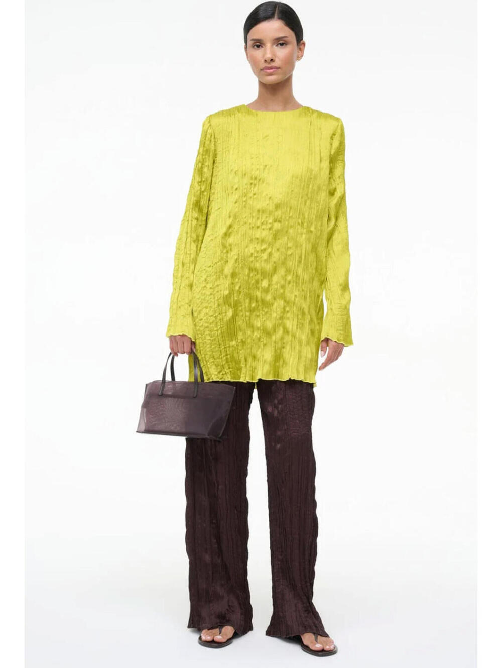 NWT Staud Kona Crinkle Satin Pleated Long Sleeve Mini Dress Tunic Shirt Small - Picture 5 of 9